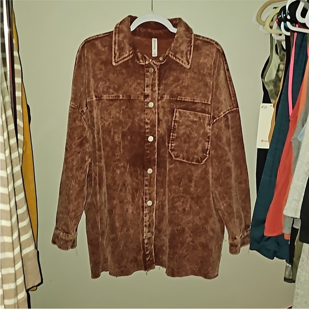 ZENANA Women’s Nwots Gorgeous Corduroy Rust Mineral Wash Shacket Sz Large